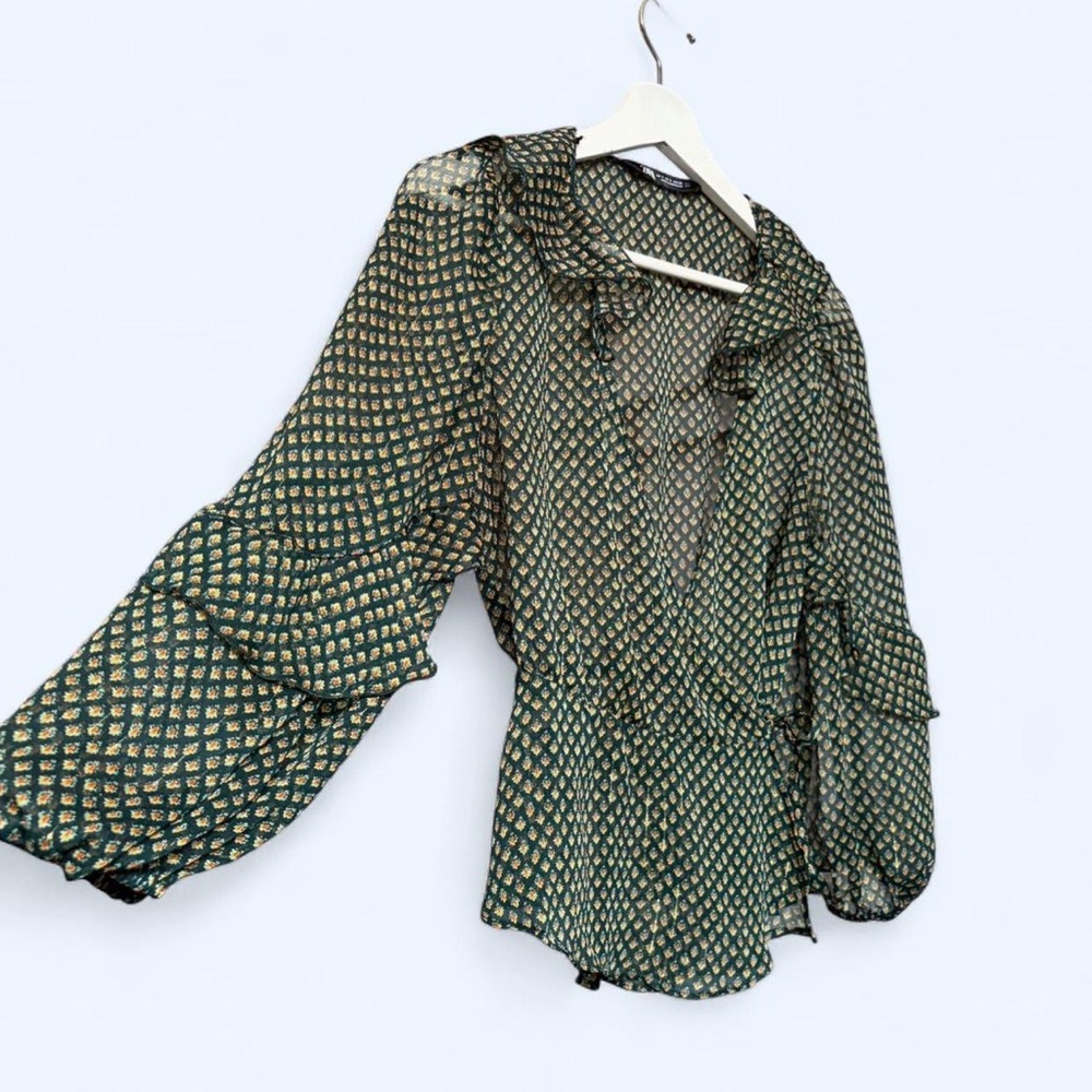 Zara Green and Gold Sheer Patterned Wrap Blouse